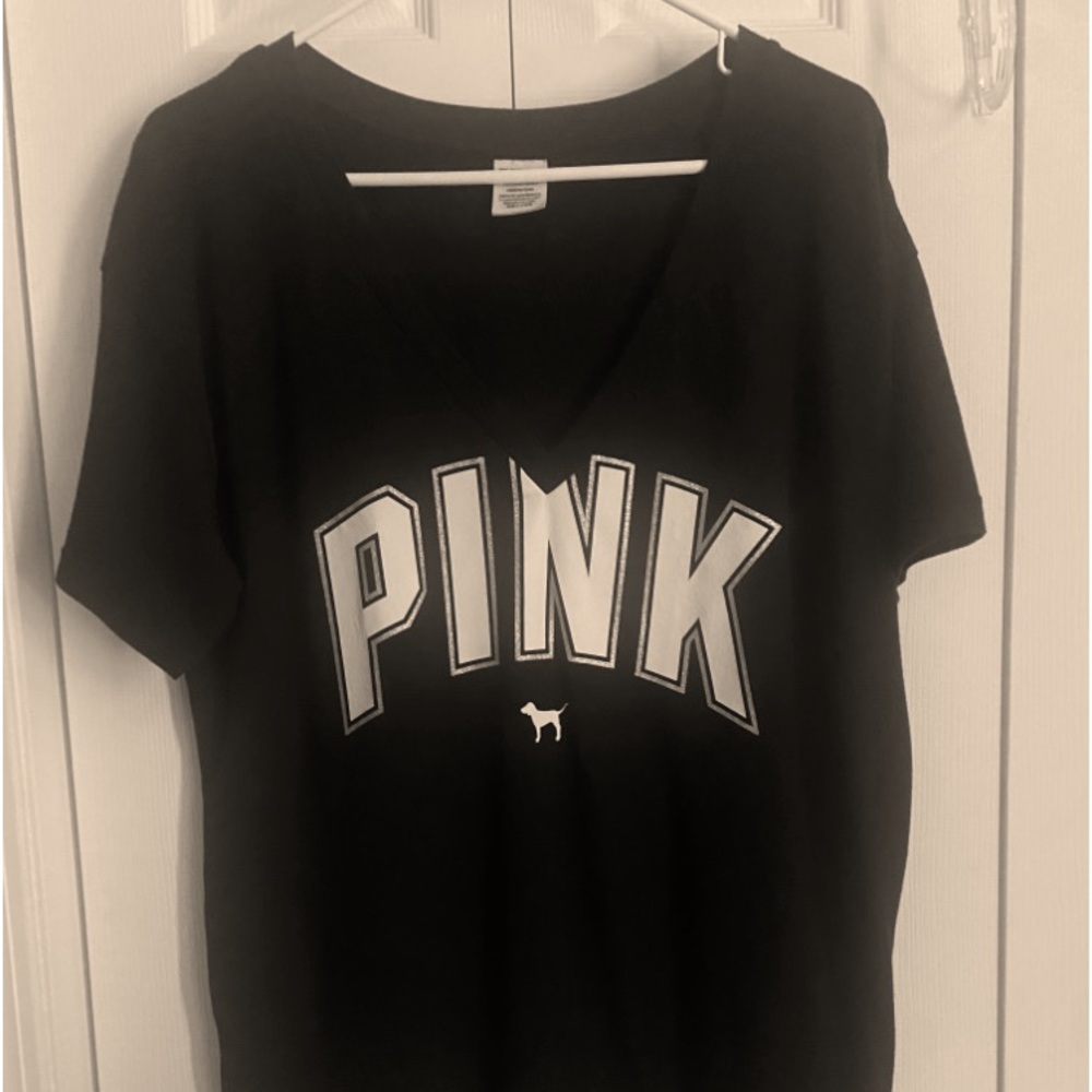 PINK Victoria's Secret Black V-Neck Tee with White Logo Trim